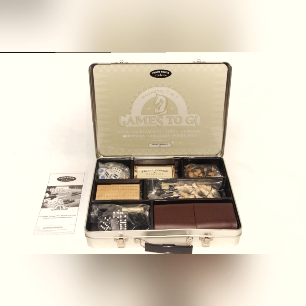 Front Porch Classics 7 N 1 Games To Go in Tin Carry Case Chess Cards Dominoes
